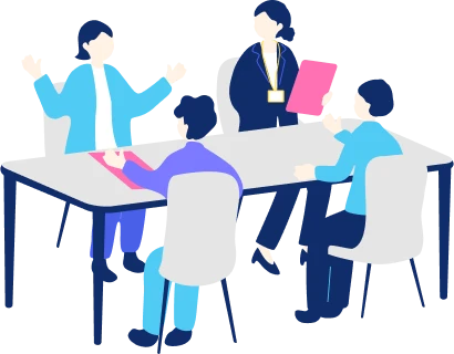 机に向かって会議をするイラスト
