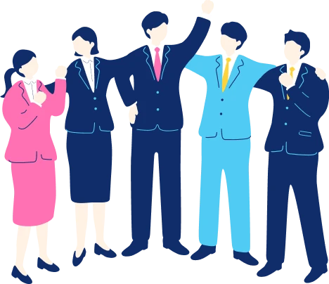 女性と男性複数人が肩を組んでいるイラスト