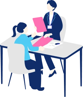 机に向かって２人の人が喋っているイラスト